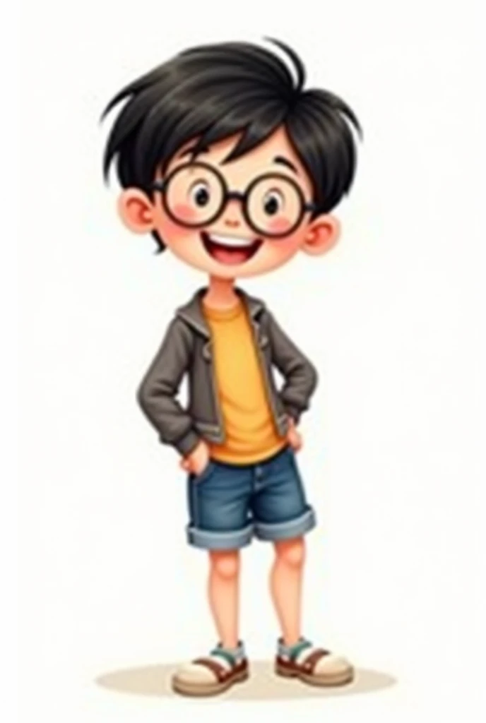 Boy, poses and expressions, looking at the camera, full body, sideways, white background, childrens book illustration style,
simple, cute, 6 years old, bright colors, short black hair, fair skin, long-sleeved shirt,
denim shorts, with glasses.