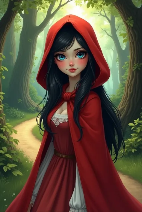 Make a character similar to Little Red Riding Hood, adult. pale, black hair and big blue eyes. Make it as if it were an illustration 