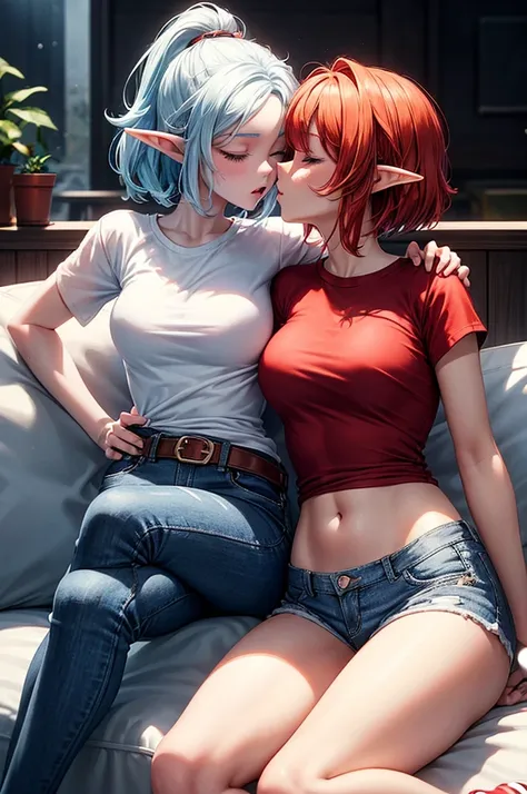 two female elves, one with short red hair, curvy build, white tight tee shirt, blue denim shorts, black heels, other elf with short blonde hair, slim build, white tight tee shirt, blue denim shorts, black heels, cuddling close on sofa, kissing, one sitting...