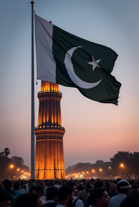  The black and white striped flag of Pakistan is flying on Minar Pakistan
