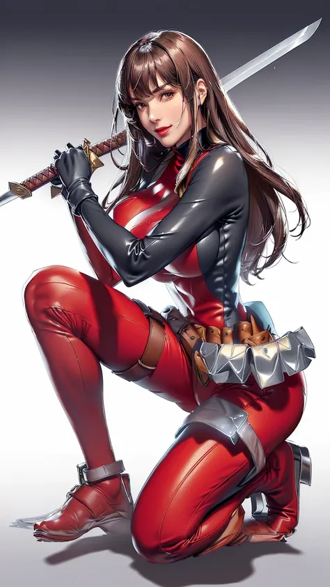 (（（Perfect body,White and tender skin,（（（BodySuit_lady_deadpool_ownwaifu，bodysuit, skin tight, superhero, Belt Pouch, utility belt, red bodysuit, gloves, weapon on back, thigh pouch, thigh strap, thigh holster, belt buckle, turtleneck, ）））,（（（ailisha，Black...