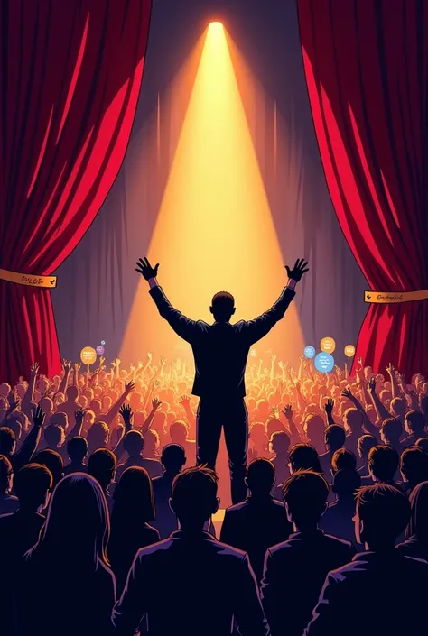 A comic style vignette of a silhouette of a man on a theatre stage and people cheering for him