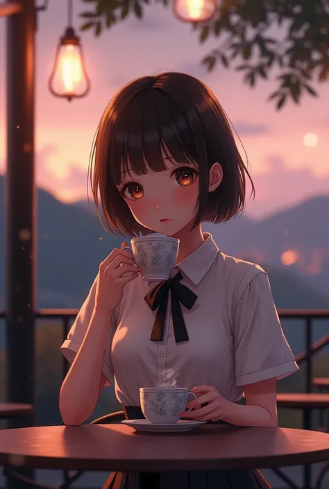 (8k, Best Quality, masterpiece:1.2), (SFW:1.3), (realist, photo-realist:1.37), ultra detailed, 1 girl,Beautiful, Alone,beautiful detailed sky,detailed coffee,evening,Session,have a date,(nose blush),(smile:1.1),(Closed mouth) medium breasts,beautiful detai...