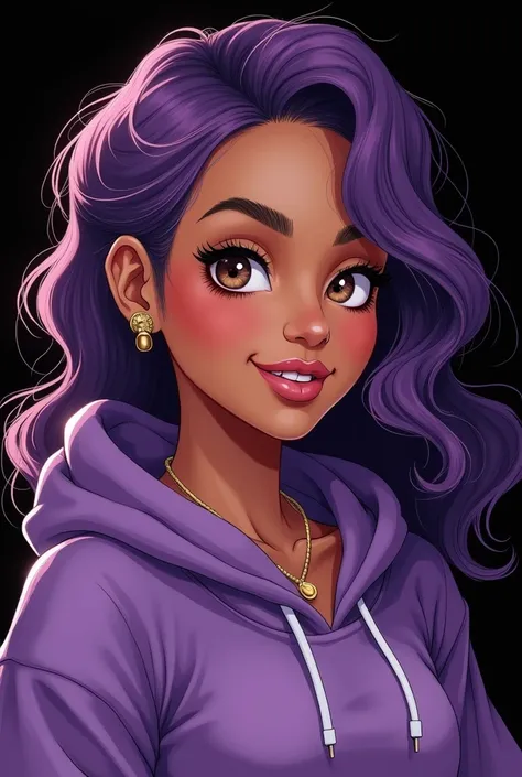 Drawing of a chubby Brazilian woman with light skin, Round face, wavy purple hair on the side, neck length, wearing purple hoodie, light brown eyes, piercing in the septum and above the lips, ear plug, black backdrop
