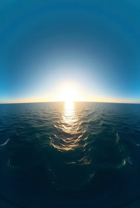 create a 360 panorama with a clear blue cloudless sky with a sun at the end and a dark ocean all below