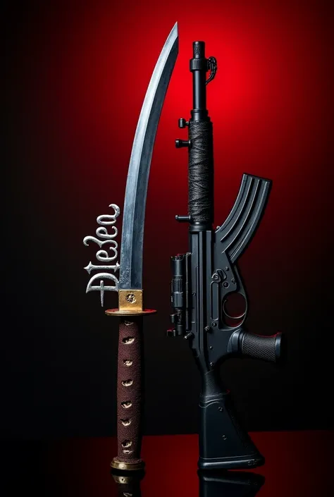 The name Diego in silver gothic letters on a katana and an M13 assault rifle, on a scarlet red to black gradient background