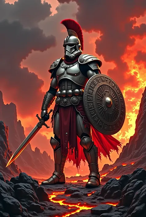 Sprtan warrior stormtrooper, sword and shield, hellish lanscape