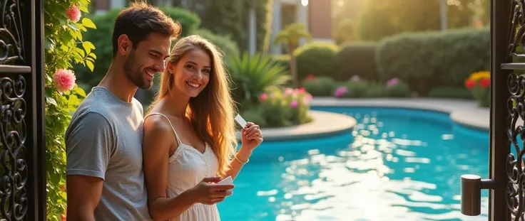 A happy couple accessing a community pool, by placing an RFID Proximity keychain on a reader on the side of the gate to open the door.
The pool is big, with an irregular shape and a lot of garden.
The girl must have in her hand a white keychain measuring 2...