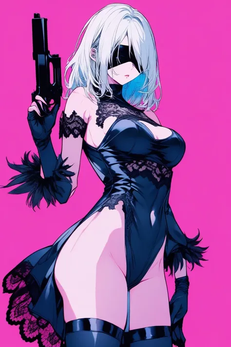 
Illustrator, アニメ , Realistic ,sketch , 1 person, model, lip, A translucent gothic white mini dress with lots of lace, blindfold, eye covered, black blindfold, Pointing a machine gun at the viewer, Order, Blue and pink gradient background, Neon colored lon...