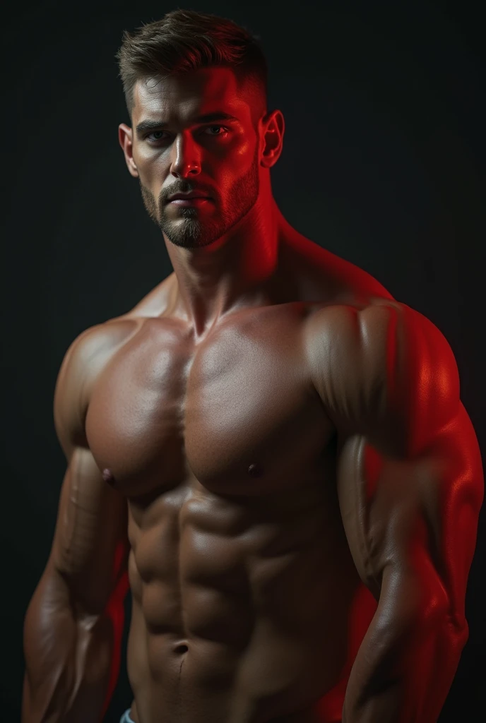 muscular sexy man, extremely detailed face and body, perfect facial features, piercing eyes, chiseled jawline, detailed muscles, shirtless, strong pose, dynamic lighting, dramatic shadows, cinematic lighting, hyper realistic, 8k, photorealistic, unreal eng...