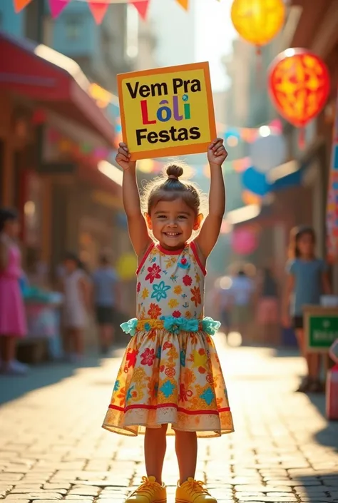 Raise a 5 year old girl , with rich colors and highly detailed and realistic, cartoon character design, glad,  friend, de corpo inteiro, very colorful dress and yellow sneakers, holding a sign with the name Vem Pra Lóli Festas.  It is in a city opposite a ...