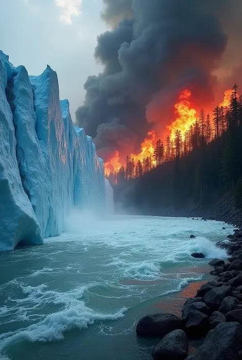 a glacier melting and next to it a forest on fire
