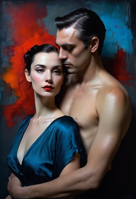 A portrait of a a couple in a tango She has a contemplative expression, with her gaze directed towards the viewer. The woman wears a draped garment with slip on the side in shades of  red , with the fabric flowing   gracefully around her. The background is...