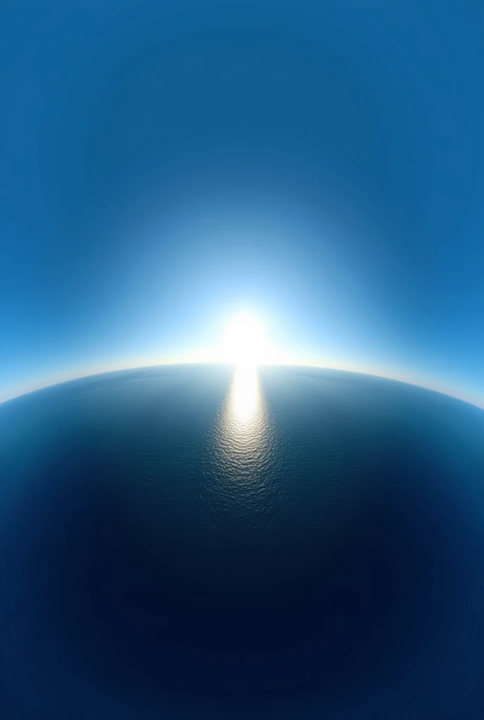 create a 360 panorama with a clear blue sky without clouds with a sun at the end and a dark ocean below with no waves the sun not so bright just the little ball of the sun at the end and no clouds the ocean without any waves