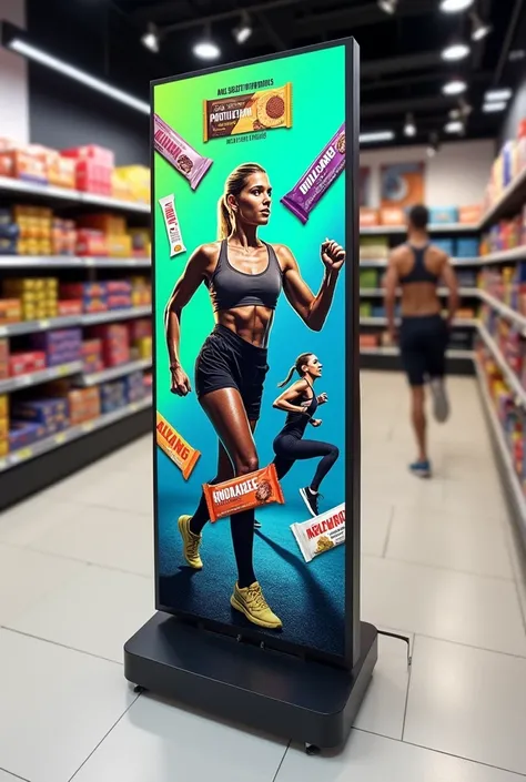 Create a 15cm by 92cm gondola strip for a fitness products and bars store 
