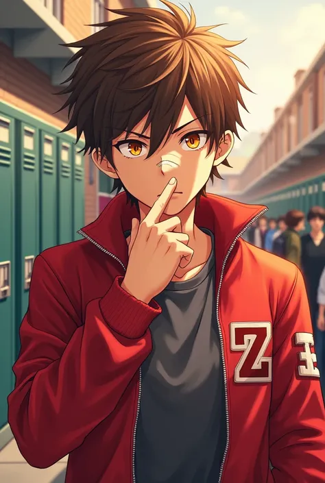 a brown messy hair guy with a red unzipped jacket with the logo Z on his right sleeve, Orange eyes, Grey shirt, Handsome, a ring on his finger,bandage on his nose, school background, anime style (Serious expression) 