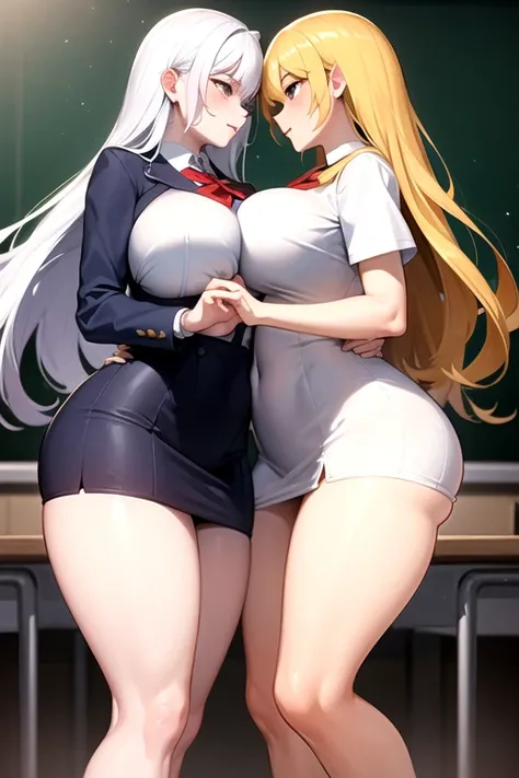 Lesbian (very long loose yellow hair)(big breasts, big thighs)(with school uniform clothes it is very tight) that he is kissing at school with his girlfriend,(big breasts, big thighs)lesbian love