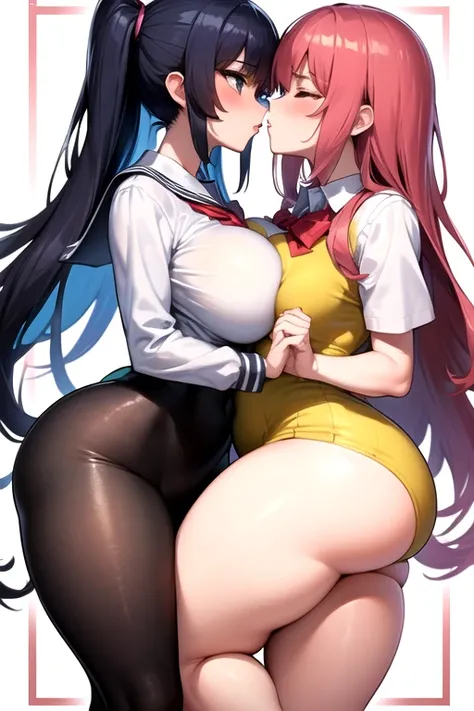 Lesbian (very long loose yellow hair)(big breasts, big thighs)(with school uniform clothes it is very tight) that he is kissing at school with his girlfriend,(big breasts, big thighs)lesbian love