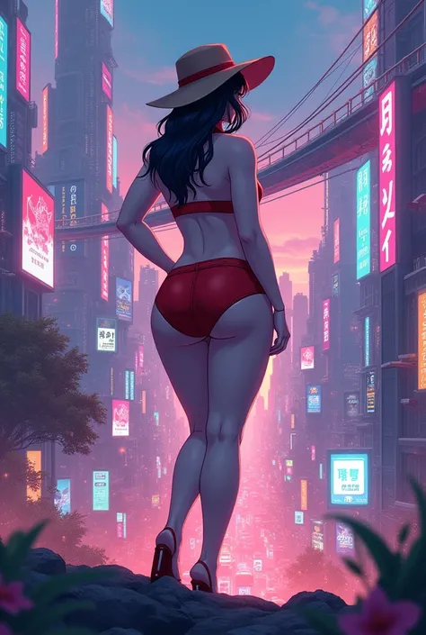 A captivating anime scene showcases a confident and striking plus-size woman, dressed as Deadpool,white skin, with her iconic red bikini and a chic, wide-brimmed hat. She stands with her back, against a stunning, futuristic cityscape, surrounded by towerin...