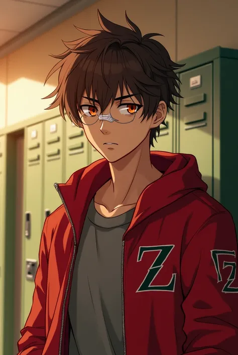 a brown messy hair guy with a red unzipped jacket with the logo Z on his right sleeve, Orange eyes, Grey shirt, Handsome, a ring on his finger,bandage on his nose, school background, demon slayer style (Serious expression) 