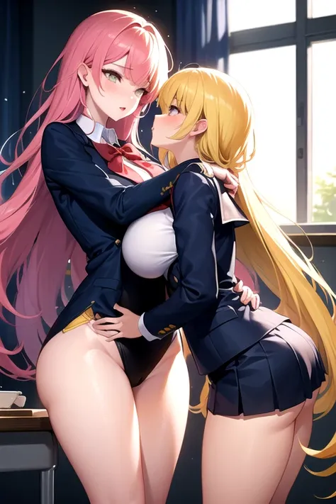 Lesbian (very long loose yellow hair)(big breasts, big thighs)(with school uniform clothes it is very tight) that he is kissing at school with his girlfriend,(big breasts, big thighs)lesbian love