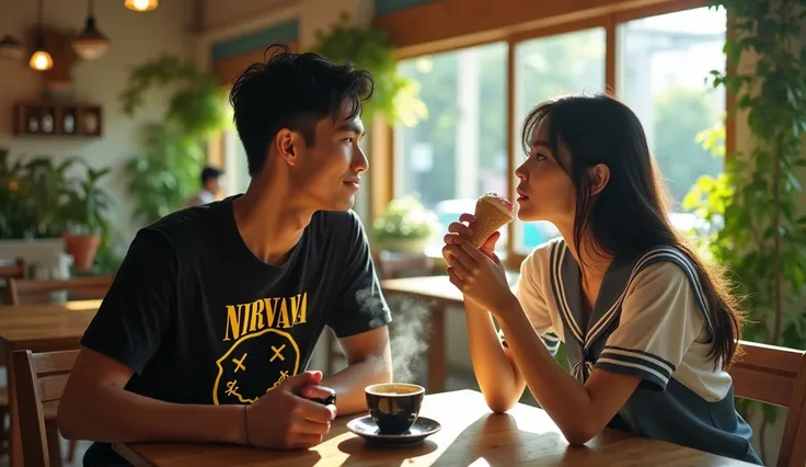 original photo. A young Indonesian man wearing a black Nirvana t-shirt. was sitting in a cafe holding a cup of black coffee. looked at the table next to a beautiful young Japanese woman wearing schoolgirl clothes sitting licking ice cream. Ultra-realistic ...