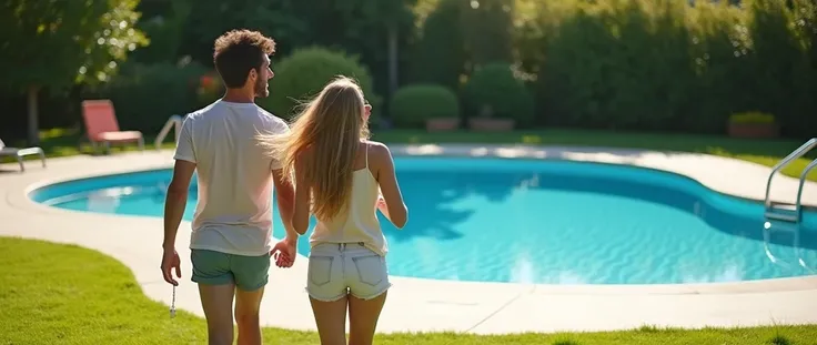 Happy couple accessing an irregularly shaped pool with lots of grass in a community of owners. 
The fence must be clearly visible (Access door to swimming pool) must have a maximum width of 2 meters.
The girl must hold in her hand a small, square white key...