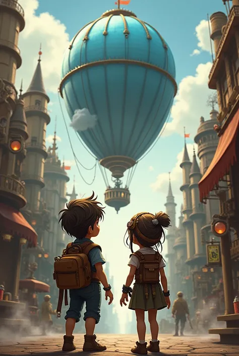 high quality,(High resolution:1.2),Amazing illustrations, (fantasy big blue) 1 chico,1 girl, Adventurers watching from the ground the airship passing over the city。(high level),(steampunk),(((in sepia tones)))