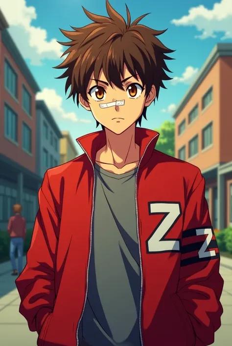 a brown messy hair guy with a red unzipped jacket with the logo Z on his right sleeve, Orange eyes, Grey shirt, Handsome, a ring on his finger,bandage on his nose, school background, demon slayer art style (Serious expression) 