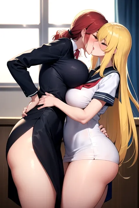 Lesbian (very long loose yellow hair)(big breasts, big thighs)(with school uniform clothes it is very tight) that he is kissing at school with his girlfriend,(big breasts, big thighs)lesbian love