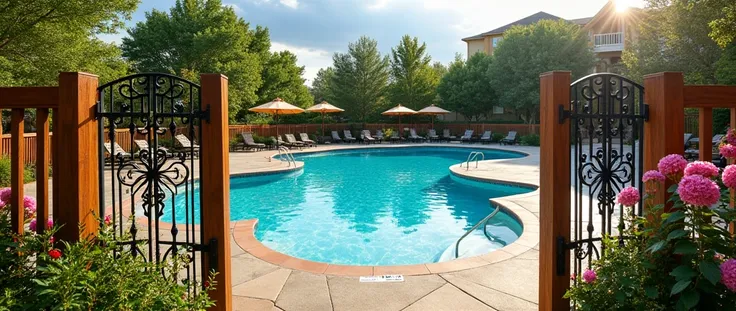 Irregularly shaped pool in a large residential development.
It must have a fence and access door 