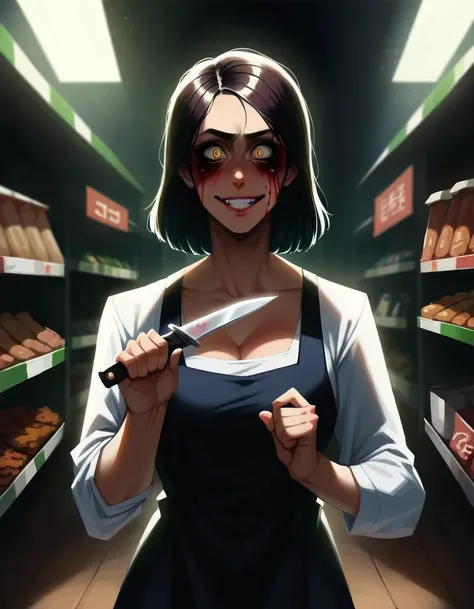 (masterpiece:1.3) 1girl, (female serial killer:1.5) :1.3) working at grocery store , wearing workclothes, wide eyes, blood stain...