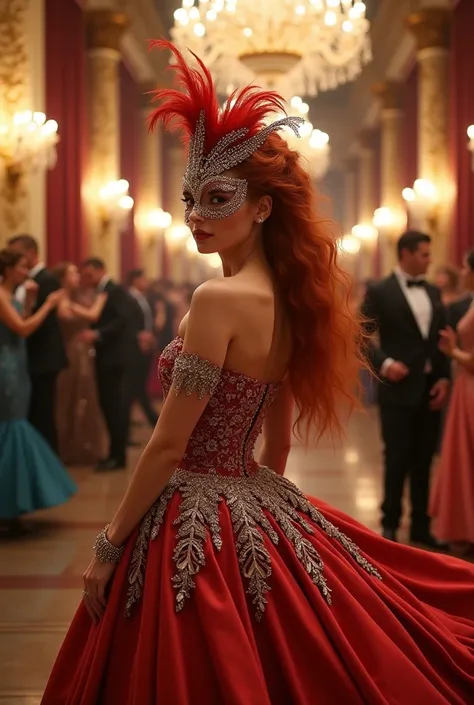 Redhead woman in ball gown and mask, fully body 