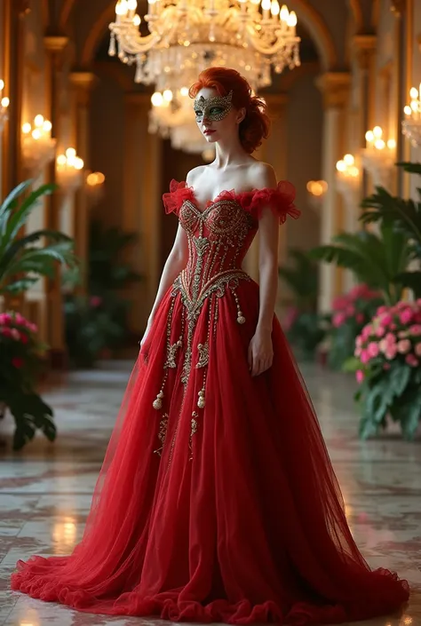 Redhead woman in ball gown and mask, fully body 