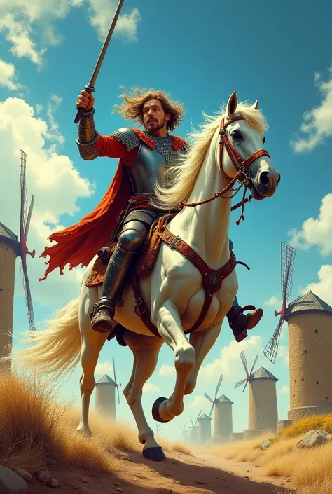 An image of Don Quixote in the windmills and animated  