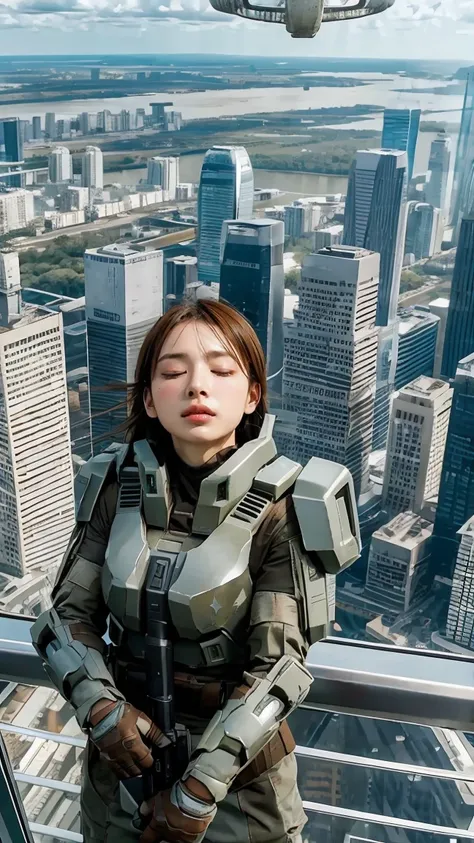 aerial angle, (huge biological weapon), female face, closed eyes, skyscraper, flying, ((halo)), battle field,