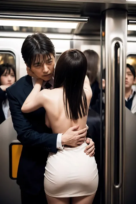 nude.naked.Browsing Caution, Crowded train, Japan , Handsome man hugging his girlfriend from behind, Talk in her ear, Lift her up, Twist up your miniskirt, 40k, photograph, masterpiece, Highest quality, Dark Gray Background, ((Japan girls high school )), A...