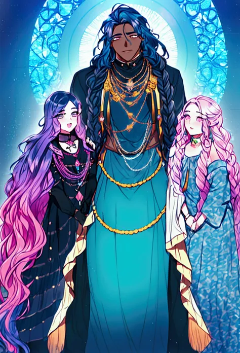 a dark skinned man with long braided hair, a second man with pink and blue hair, a third man with short black hair and a fourth ...