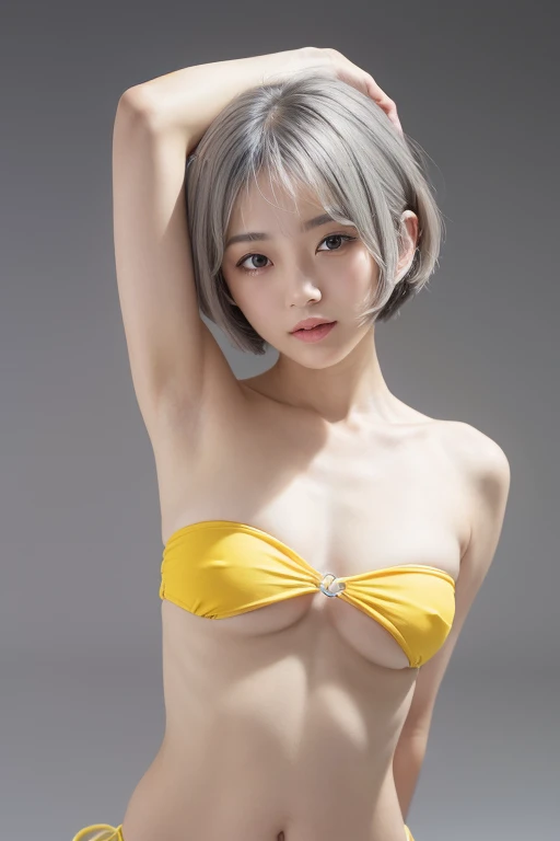 ((Small breasts:1.3))、 ((Bare Armpits:1.6))、(yellow strapless micro bikini:1.7),(Sexy pose:1.3)、Natural Shading、((Thin pubic hair))、K-POPアイドル)Calm and happy like a goddess、(((Exposing the breasts、Nipples)))、(((Between the legs,crack)))、Look at the viewer w...