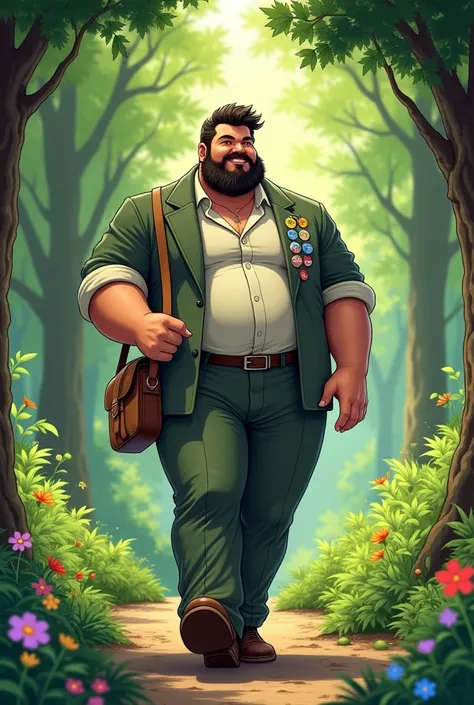 Una caricatura tipo anime de un hombre con una una schoolbag pequeña, walking through a forest, pokemon trainer, barba, schoolbag, bulk, well-built, a little chubby, moreno, elegant