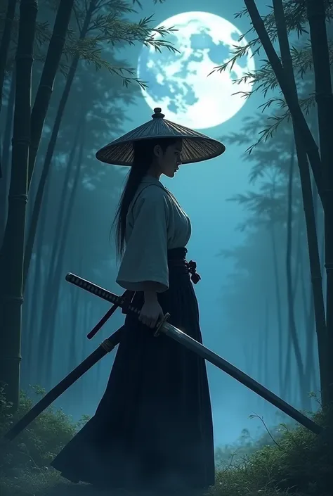 samurai, 1girl, hold a japanese sword, japanese conical hat, hakama, aesthetic, wide shot, cinematic lighting, ultra wide angle,...