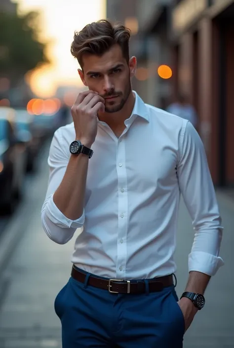 A27 years old boy hiding face with hand wearing whote shirt and tucked inside a blue pand and black loffer with GUESS WATCH on hand