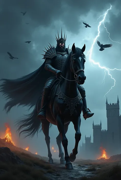 An evil king riding a horse towards an enemy kingdom 