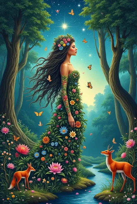 "A magical mural centered on a beautiful guardian of the forest. She has long flowing hair adorned with flowers, leaves and small creatures like butterflies and birds. Her dress is made of leaves and flowers, reflecting vibrant colors of nature. Around it,...