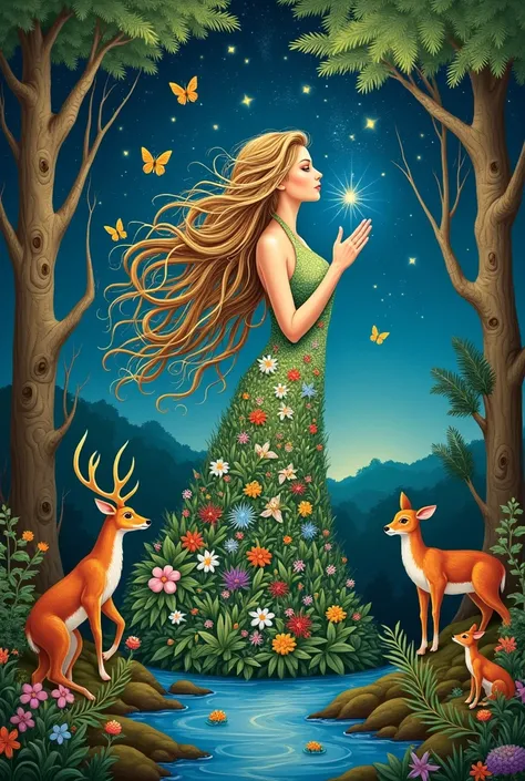 "A magical mural centered on a beautiful guardian of the forest. She has long flowing hair adorned with flowers, leaves and small creatures like butterflies and birds. Her dress is made of leaves and flowers, reflecting vibrant colors of nature. Around it,...