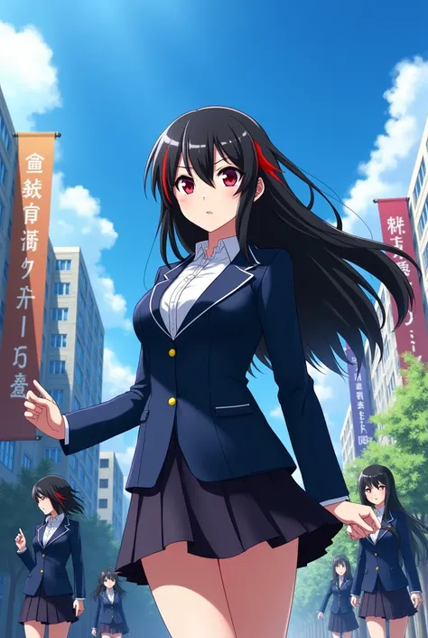 The style is from Boku no Hero, Gender: feminine, Hair color, blackw,long hair, red streak in the fringe,eyecolor: reds she is a student at the hero school ,she wears school clothes