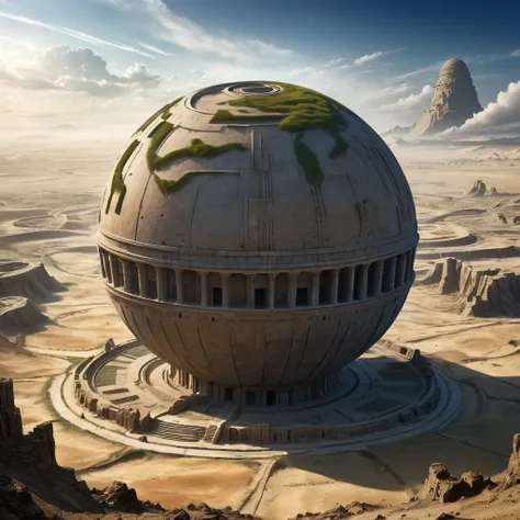 Naked wasteland, the wind raises dust, Not a soul around, just in the midst of all this splendor, there is a monument to an ancient civilization, a spheroid with angular parallels tending to get into the core, various ancient scripts, Maximum Detail, highe...