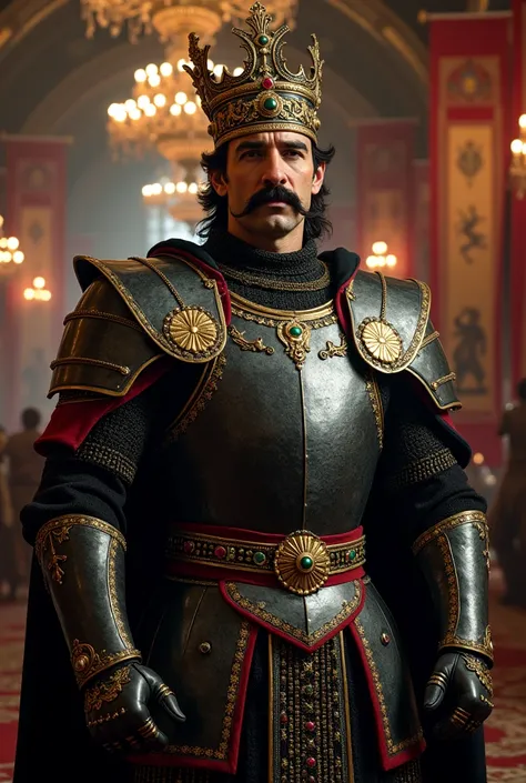 A Turkish mascular king with black armor and turkish mustache with the kings crown