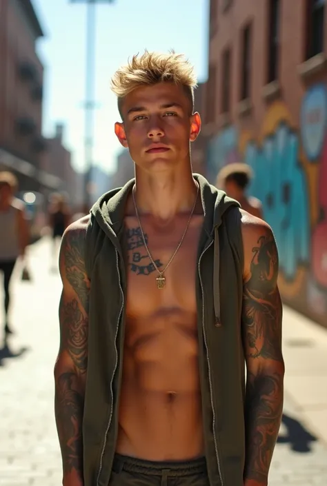 18 year old American boy, has slightly wavy blonde hair with a medium undercut cut, Western facial features, He has a strong body and tattoos on his arms, wears an open, sleeveless hoodie 