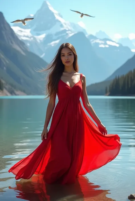 Light skinned lady in red dress standing in a shallow lake while looking towards the camera. There are mountains in the background 